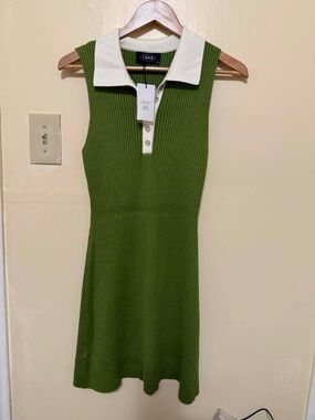 Cider Olive Green Ribbed Polo Mini Dress with White Collar